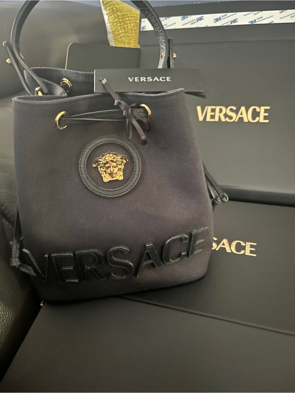 Versace Black Medusa Logo  Bucket Bag with Gold Hardware